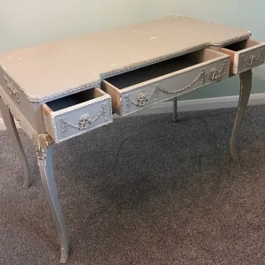 Shabby Chic Dove Grey Desk with Ornate Carvings - Image 4