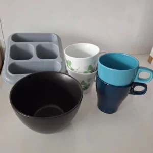 Cups and bowl and cutlery holder