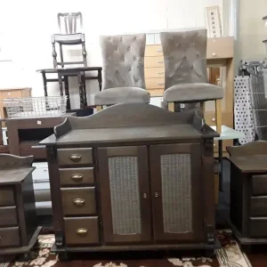 Polish dark oak drawer unit and bedside tables