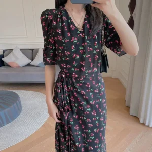 French style midi dress Silk with cherry print - Image 2