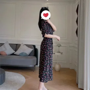 French style midi dress Silk with cherry print - Image 3