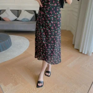 French style midi dress Silk with cherry print - Image 4