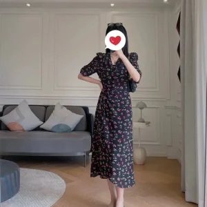 French style midi dress Silk with cherry print