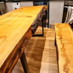 Handmade oak dining table with live-edge benches