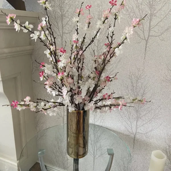 Gold Design Glass Vase With Faux Cherry Blossom Stems