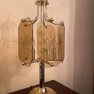 Heavy weight glass shaded lamp, mahogany clock and tall vase