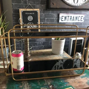 Pair of gold metal and black glass shelves
