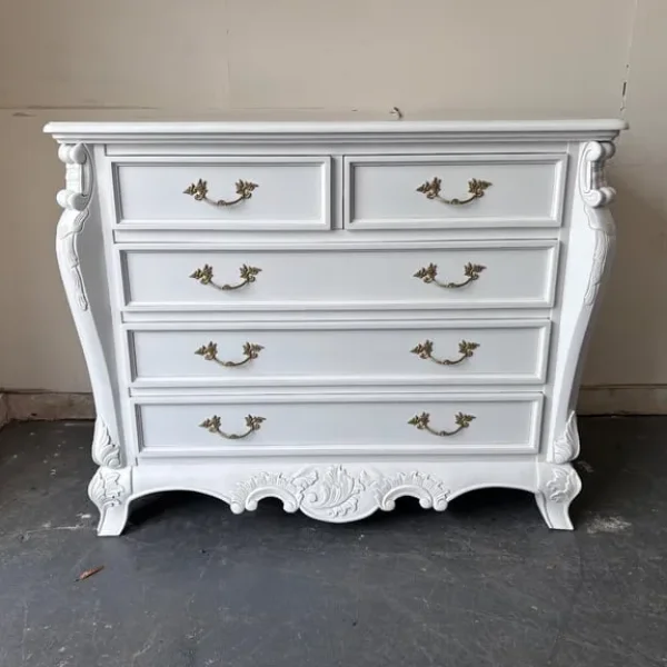 French solid wood white carved chest of drawers