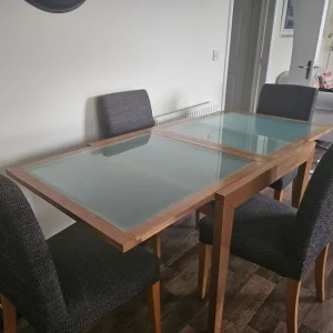 Glass extending dining room table plus 4 dark grey IKEA chairs - Image 2