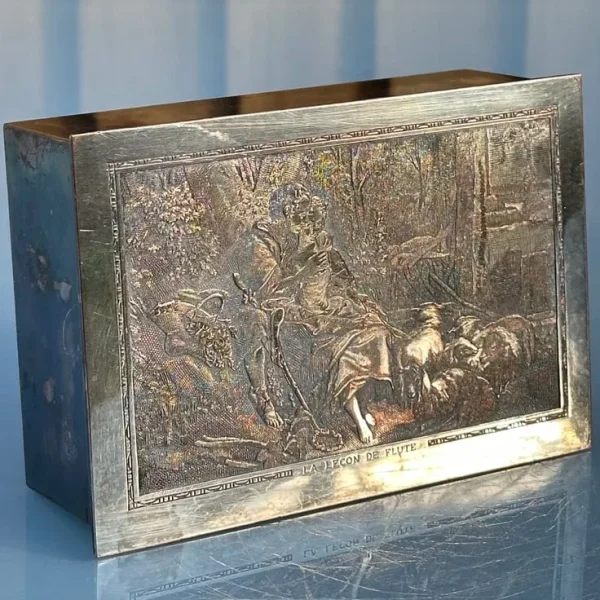 ANTIQUE FRENCH SILVER PLATE JEWELLERY BOX LA LEÇON DE FLÛTE