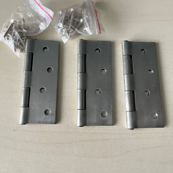 Three B & Q 100mm stainless dry butt hinges with screws