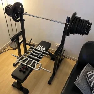 Squat Rack, Bench, 65KG Rubber Encased Cast Iron Plates, 5FT Barbell, 4 Dumbbell Bars, Tricep Bar - Image 2