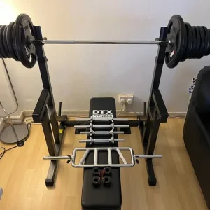 Squat Rack, Bench, 65KG Rubber Encased Cast Iron Plates, 5FT Barbell, 4 Dumbbell Bars, Tricep Bar - Image 3
