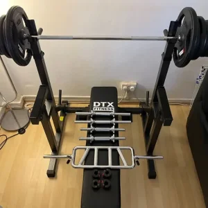 Squat Rack, Bench, 65KG Rubber Encased Cast Iron Plates, 5FT Barbell, 4 Dumbbell Bars, Tricep Bar - Image 4