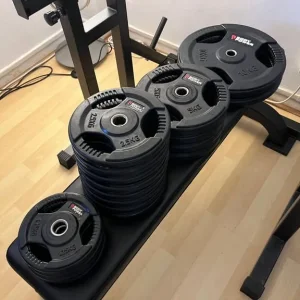 Squat Rack, Bench, 65KG Rubber Encased Cast Iron Plates, 5FT Barbell, 4 Dumbbell Bars, Tricep Bar - Image 7