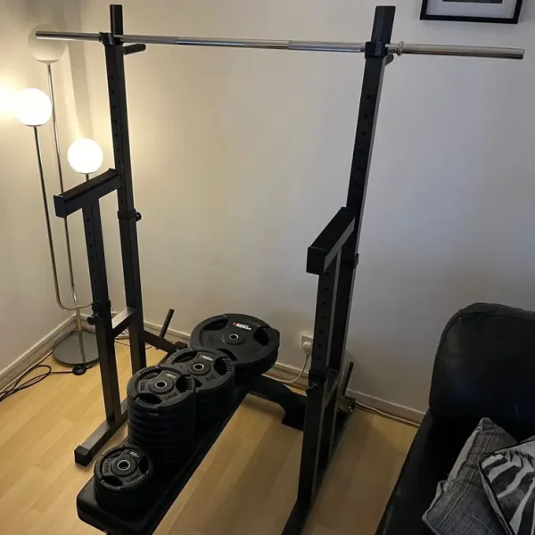 Squat Rack, Bench, 65KG Rubber Encased Cast Iron Plates, 5FT Barbell, 4 Dumbbell Bars, Tricep Bar