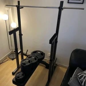 Squat Rack, Bench, 65KG Rubber Encased Cast Iron Plates, 5FT Barbell, 4 Dumbbell Bars, Tricep Bar