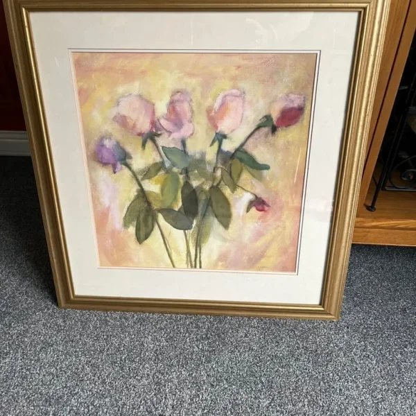 Gold framed floral print of roses 59 cms square