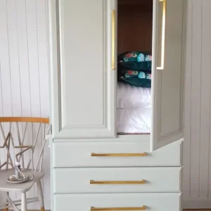 Serene sage armoire, wardrobe, linen closet with drawers, vintage dresser - Image 4