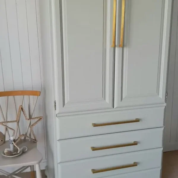 Serene sage armoire, wardrobe, linen closet with drawers, vintage dresser