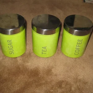Set of Green Airtight Coffee, Tea and Sugar Enamel Storage Tins for £3.00