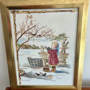Framed Cross-Stitch Needlework – Winter Scene with Girl & Birds – Dated 2003 - Image 2