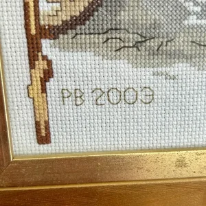 Framed Cross-Stitch Needlework – Winter Scene with Girl & Birds – Dated 2003 - Image 3