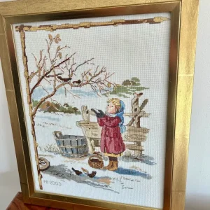 Framed Cross-Stitch Needlework – Winter Scene with Girl & Birds – Dated 2003 - Image 4