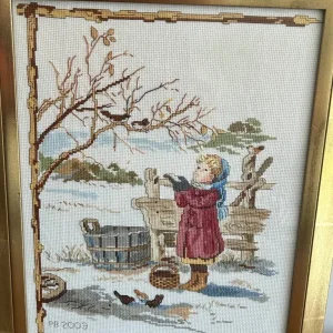 Framed Cross-Stitch Needlework – Winter Scene with Girl & Birds – Dated 2003 - Image 5