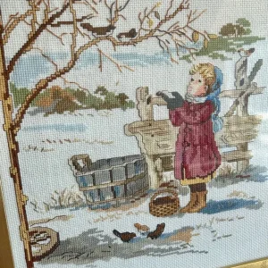 Framed Cross-Stitch Needlework – Winter Scene with Girl & Birds – Dated 2003 - Image 6