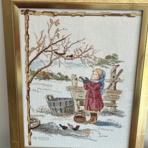 Framed Cross-Stitch Needlework – Winter Scene with Girl & Birds – Dated 2003 - Image 7