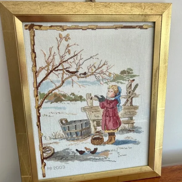 Framed Cross-Stitch Needlework – Winter Scene with Girl & Birds – Dated 2003