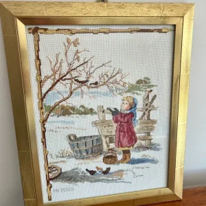 Framed Cross-Stitch Needlework – Winter Scene with Girl & Birds – Dated 2003