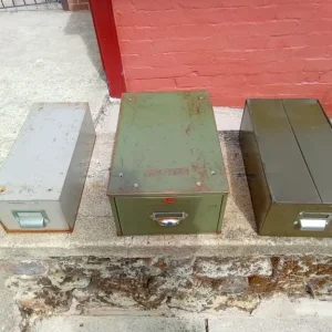3 VINTAGE METAL INDEX FILING CABINETS SINGLE DRAWER (INC A VETERAN BRAND)