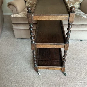 ANTIQUE OAK BARLEY TWIST WHEELED TEA TROLLEY - Image 2
