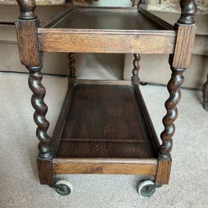 ANTIQUE OAK BARLEY TWIST WHEELED TEA TROLLEY - Image 5