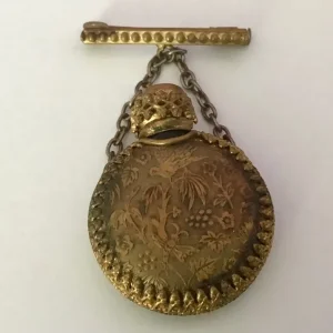 Antique Victorian encased, coloured glass perfume bottle on bar & chain brooch pin