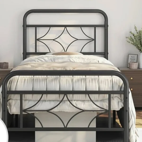 2 x black metal single beds