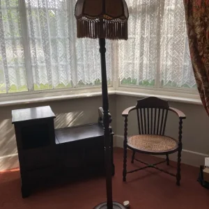 Dark wood floor lamp with tassel shade - Image 4
