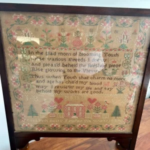 Antique 1849 Sampler by Elizabeth Beaty – Mahogany Fire Screen Frame - Image 3