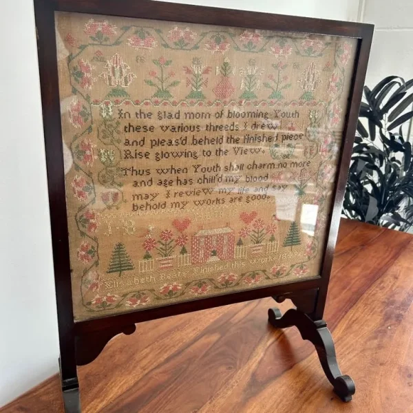 Antique 1849 Sampler by Elizabeth Beaty – Mahogany Fire Screen Frame