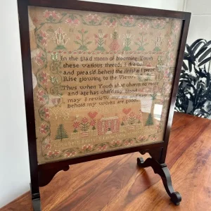Antique 1849 Sampler by Elizabeth Beaty – Mahogany Fire Screen Frame