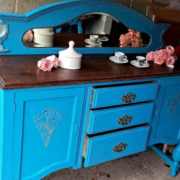 Antique ornate sideboard in turquoise and gold