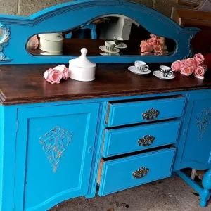 Antique ornate sideboard in turquoise and gold
