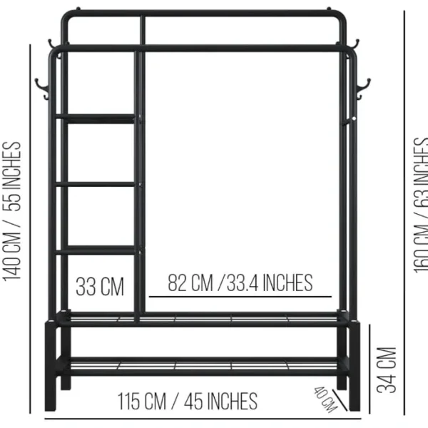 Clothes Rail with Double Hanging, Shoe Rack, and Coat Hooks