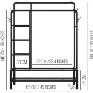 Clothes Rail with Double Hanging, Shoe Rack, and Coat Hooks