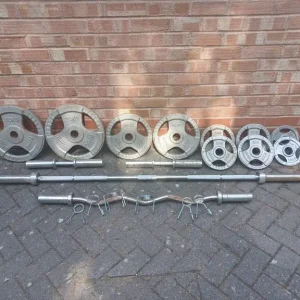CAST IRON WEIGHTS SET – PLATES, DUMBBELLS, EZ BARBELL AND 7FT BAR
