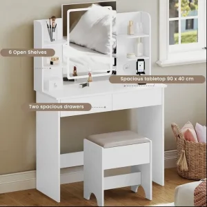 White Vanity Dressing Table with LED Mirror & Storage – Modern & Stylish - Image 2