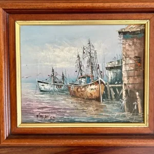 Set of Two Vintage Harbour Scene Oil Paintings – Signed “Florence” - Image 2