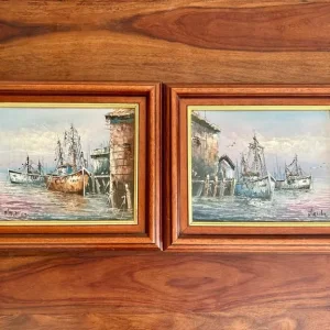 Set of Two Vintage Harbour Scene Oil Paintings – Signed “Florence”